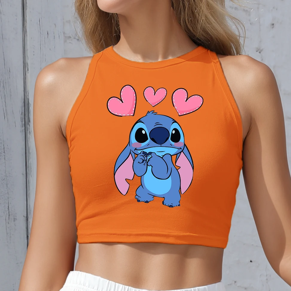 

Fashion Tank Tops Women's Y2K Clothes Sexy Orange Sleeveless Crop Top Off Shoulder Tees Summer Ladies Disney Stitch Shirts
