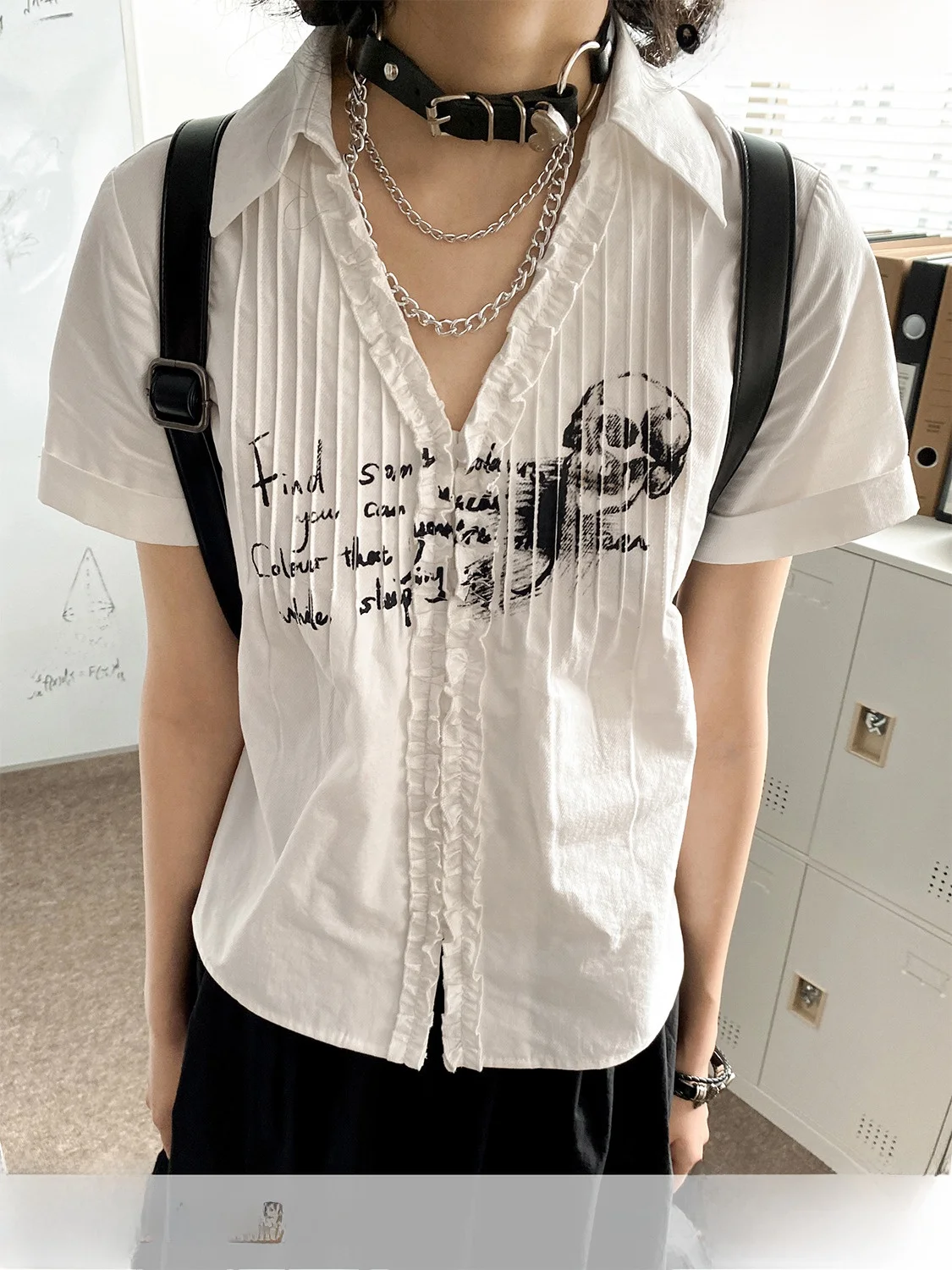 

Chtry Girl Summer Print Pleated ort Sve irt V-Ne Slim Fit Top Cotton Pure Straight Cut Ro Poem Socie