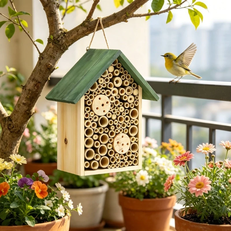 Hôtel pour insectes, en bois, 23×14×29 cm, surface finement polie, structure robuste et durable, conception multi-espaces, style pastoral rétro, installation facile, bonne adaptabilité aux intempéries, attire les insectes bénéfiques, parfait pour la décoration extérieure de jardin et de pelouse.