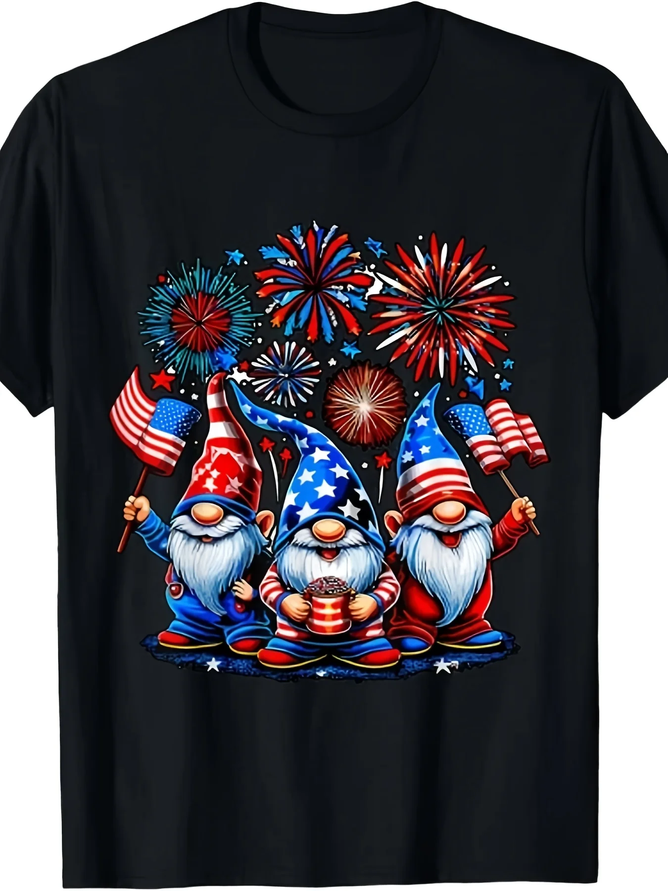 Men's & Unisex Independence Day Patriotic Gnome T-Shirt - Vintage Gnome & Flag Print, Breathable Casual Sports T-Shirt for Training, Running, Fitness, BBQ & Parade - Machine Washable, Year-Round Wear, Plus Size