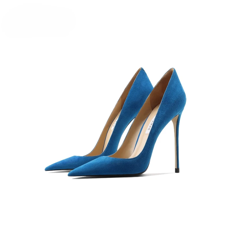

Commuter high heels women's stiletto leather suede light blue French sexy fashion professional shoes