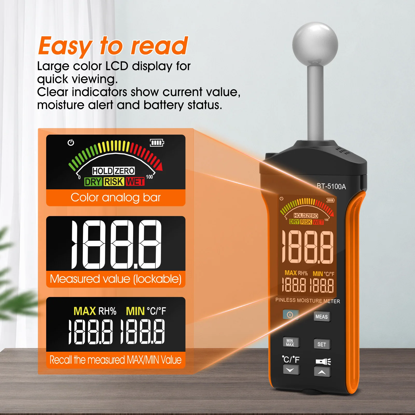 BT 5100A Pinless Moisture Meter Spherical Probe For Wood Walls Non Destructive Humidity Tester With Color LCD Display And Alarm