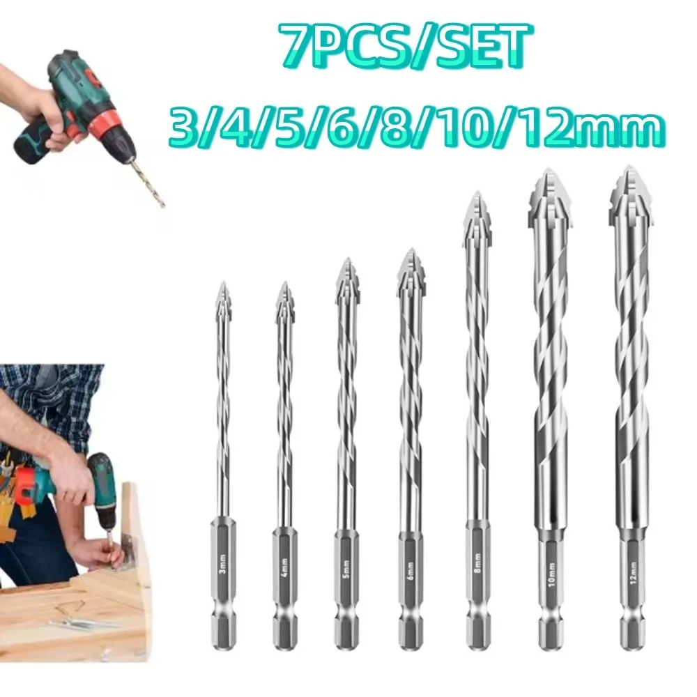 

7pcs/set High Hardness Tile Drill Bit Set Precision U-shaped Concrete Drill Bit Wear Resistant Four-Edged Glass Drill Bit