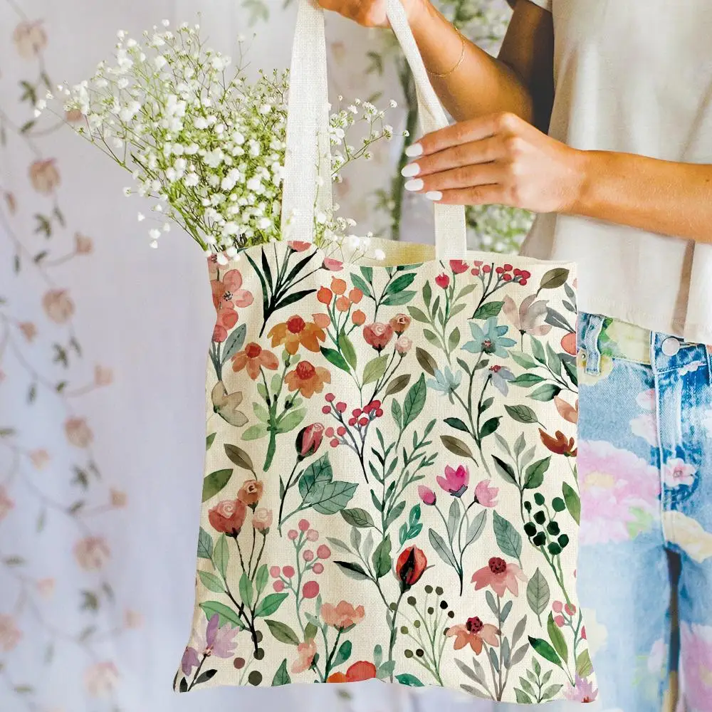 Colored Floral Patterns Storage Bags Double-Sided Printed Canvas Tote Bag Large Capacity Women Shoulder Handbag