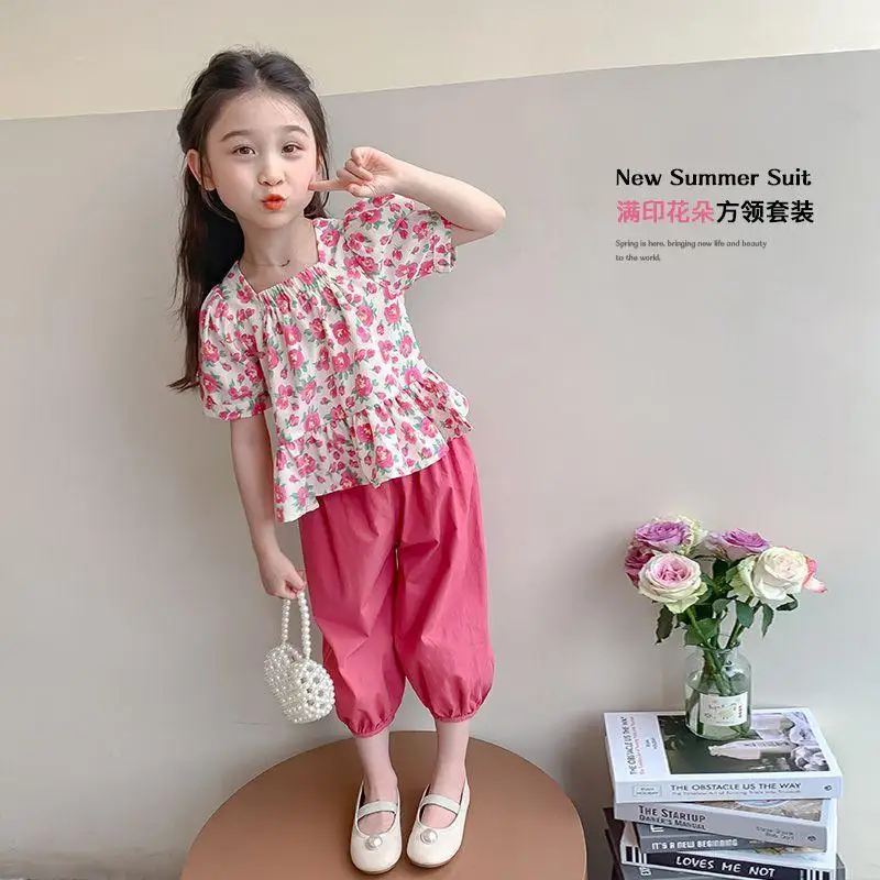 Girls' Set 18 M-9Y Children's Summer Cotton Fashion Top Pants Baby Casual Two Piece Set