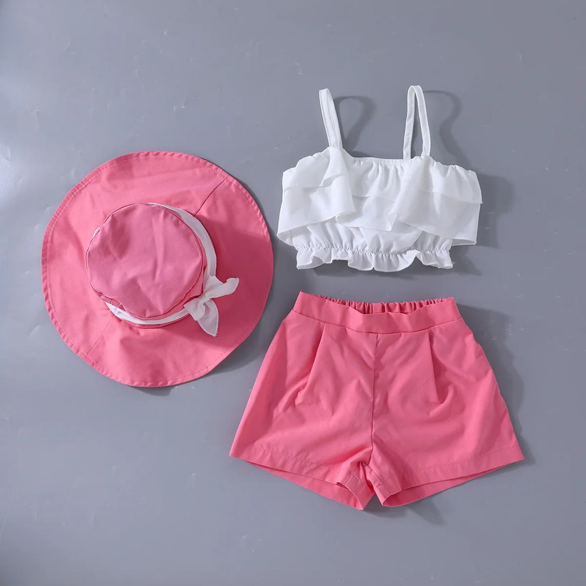 

2024 Summer Child Clothes Sets Sleeveless Ruffles Tops Pink Shorts 2 Piece Sets Designer Girls Clothes Sets 2-7T