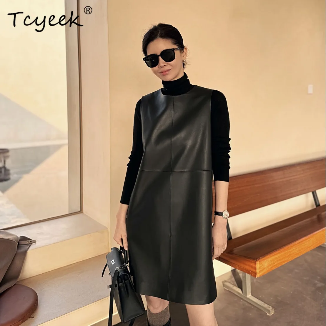 Tcyeek Natural Sheepskin Genuine Leather Dress Spring Summer Clothes Sleeveless Party Dress Fashion Womens Dresses Slim Fit 2026