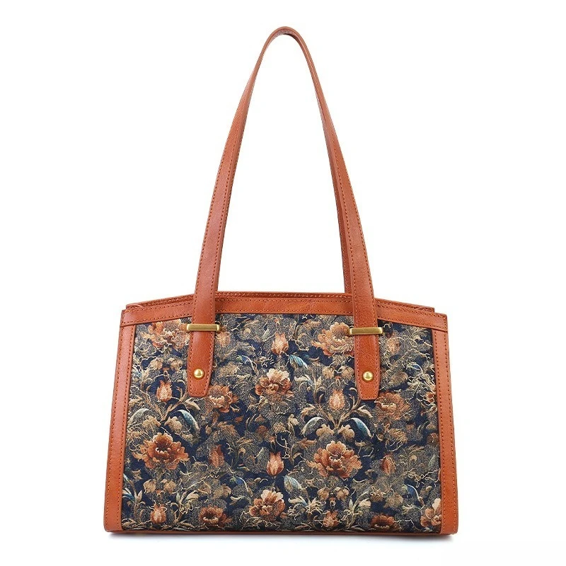 Vintage Everyday Shoulder Bag for Women Soft Genuine Leather Hand Embroidered Large Capacity Adjustable Strap Luxury Handbag
