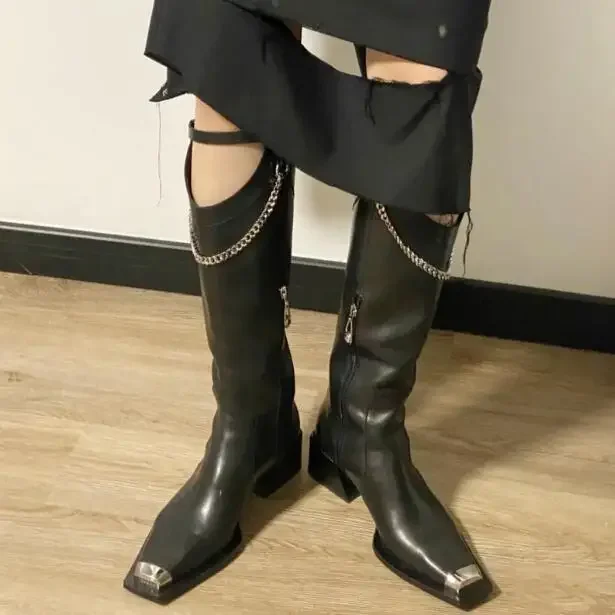 British Style Black Leather Sliver Metal Square Toe Knee High Chain Boots Woman Cool Buckle Hollow Cut Out Slip On Long Boots