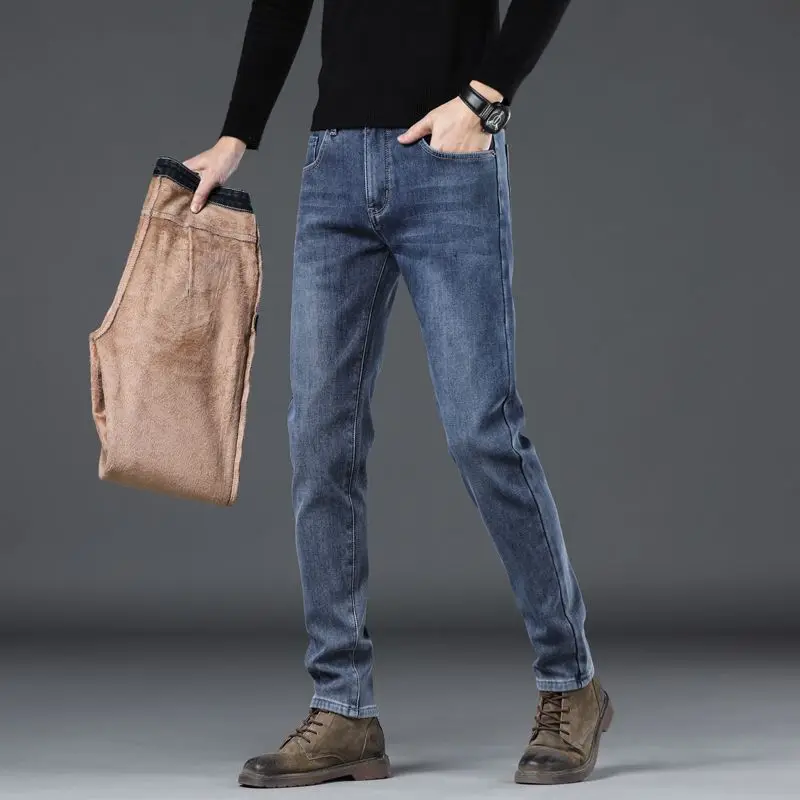 شتاء دافئ الرجال الجينز الصوف رشاقته سليم مطاطا مستقيم الدينيم السراويل الكورية موضة الشباب أفخم المخملية بناطيل كاجوال #3