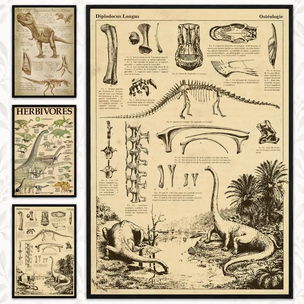 Retro Dinosaur Skeleton Vintage Fossil Museum Science Poster Decorative art prints for the home, holiday gifts, unframed