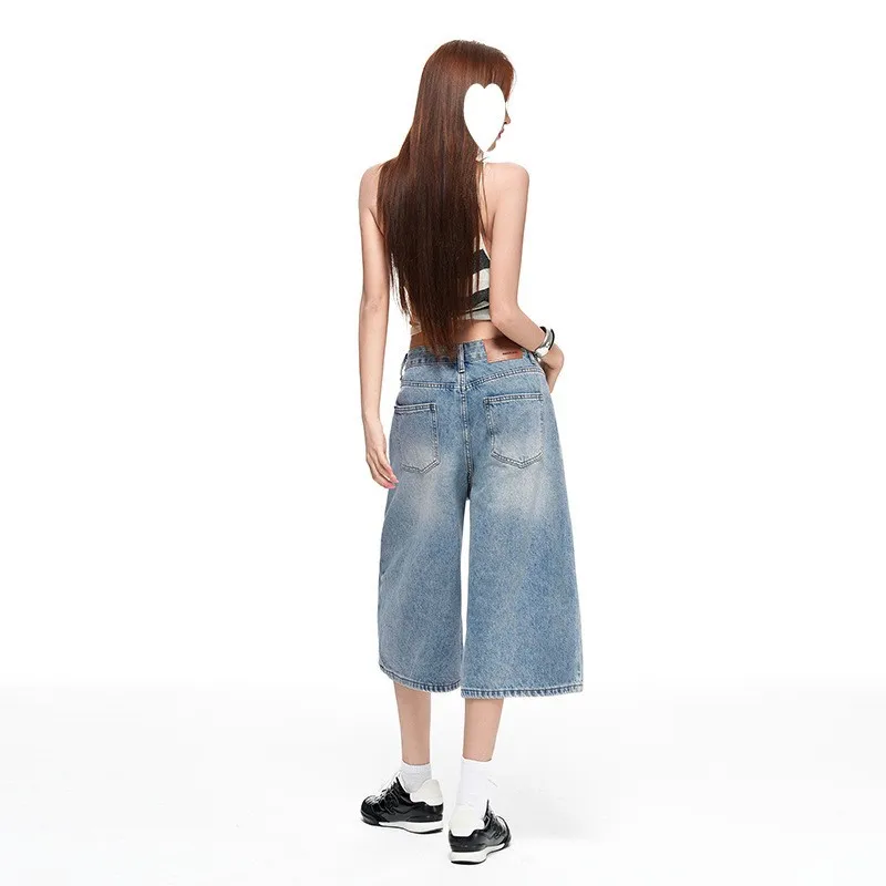 Washed High Waist Wide Leg Jeans Women's Summer 2026 American High Street Retro Loose Casual Design Sense Seven-Five Jeans