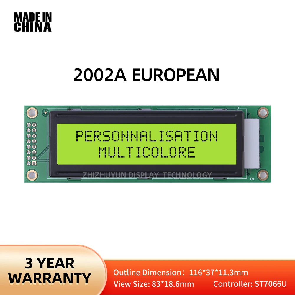 Módulo LCD de caráter europeu com filme verde amarelo, tela de amplificador de áudio, módulo de interface dupla, 2002A