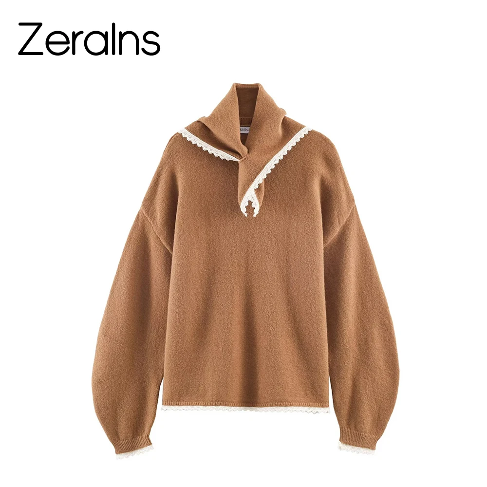 

ZERAINS, новая зимняя женская одежда, сладкий и пряный стиль, свободный головной платок с длинными рукавами и круглым вырезом, кружевной вязаный свитер