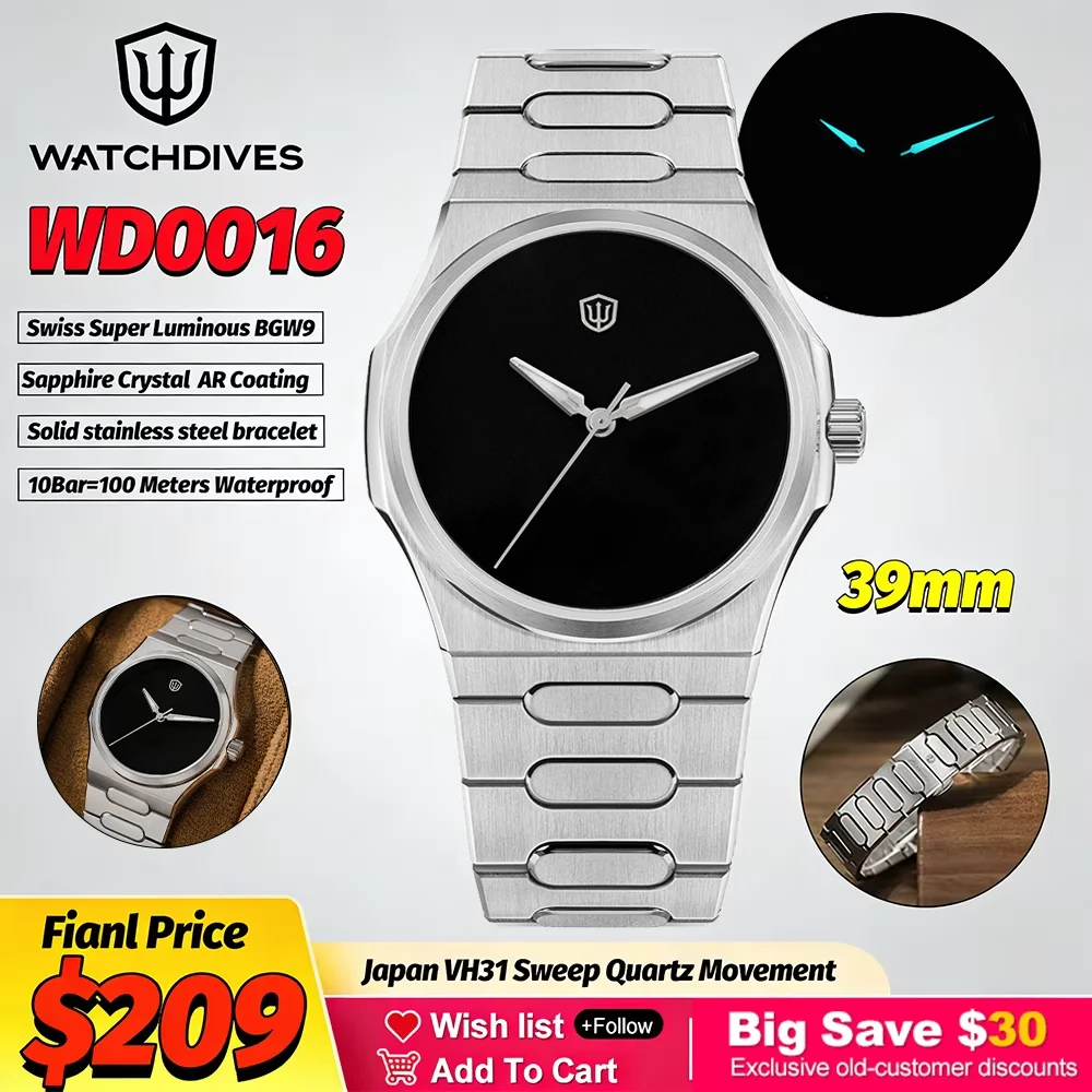 Watchdives WD0016 Super Black Luxury Quartz Watch VH31/VH60 Sweep Second AR Sapphire Waterproof Solid Stainless Steel Bracelet
