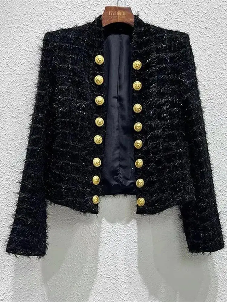Women Black Tweed Short Cardigan Slim Outwear Jacket Top Autumn Winter New Metal Double Breasted Tassel Bright Silk Wool Coat