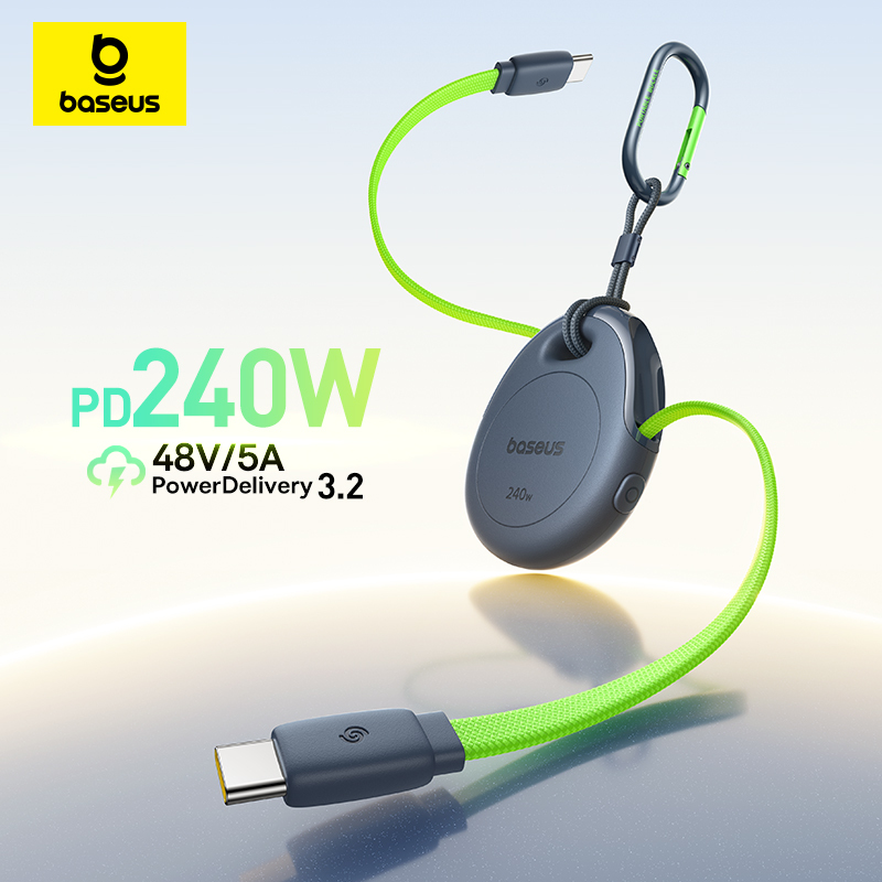  Baseus 240W One-Press Return Retractable Cable USB-C Type-C Fast Charging  Data Cable for iPhone MacBook with Carabiner Clip 