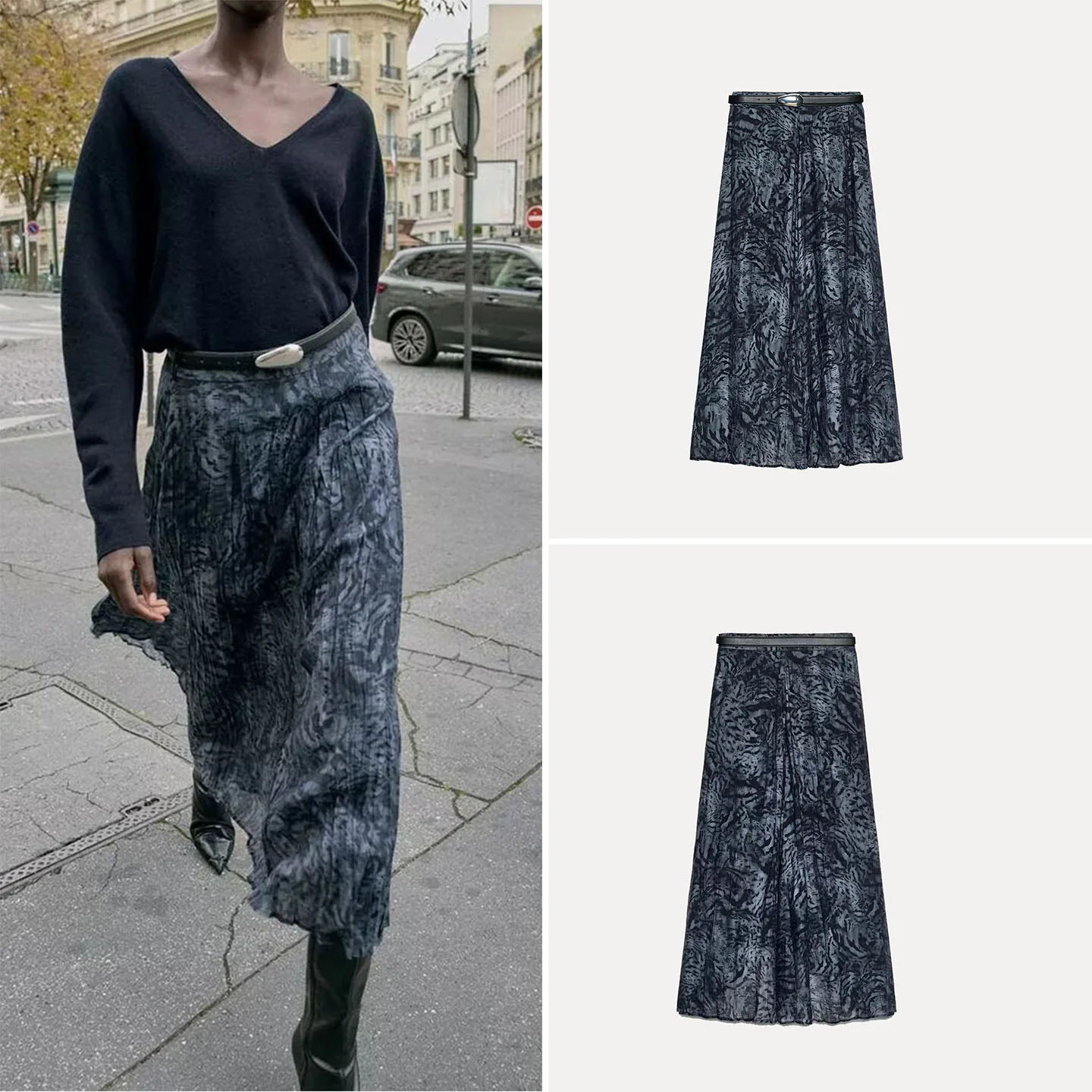 

Z Women's Faion Printed Midi Skirt with Belt Personali Sle European Flavor Ladies' f-length Skirts