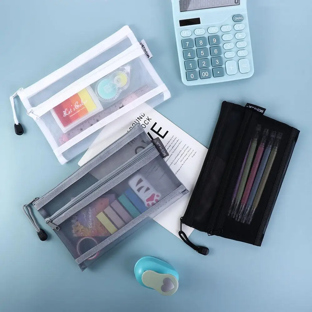 Capacity Nylon Pencil Case Office Document File Folder Cosmetic Storage Bag School Stationery Supplies Double Mesh Pencil Bag