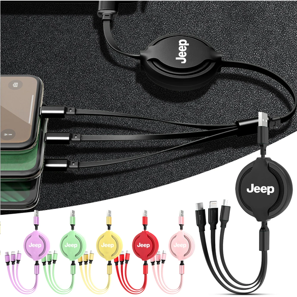 Cargador de teléfono para coche, Cable de carga rápida, Cable de datos de tres cabezales para Jeep Renegade Wrangler Compass Grand Cherokee Gladiator