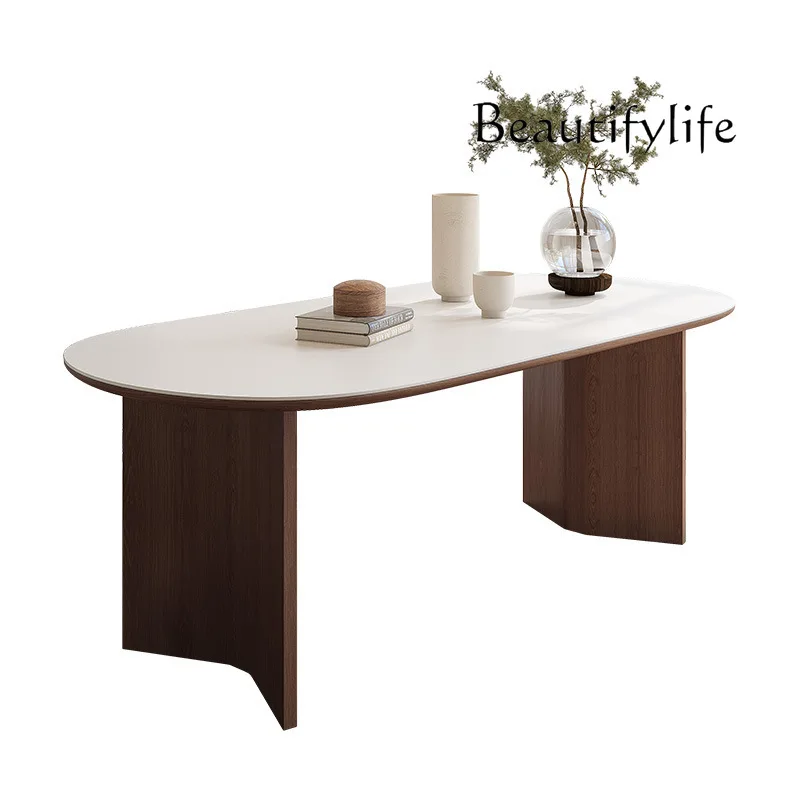 

Solid wood rock slab dining table household simple modern walnut two-end round dining table and chair combination