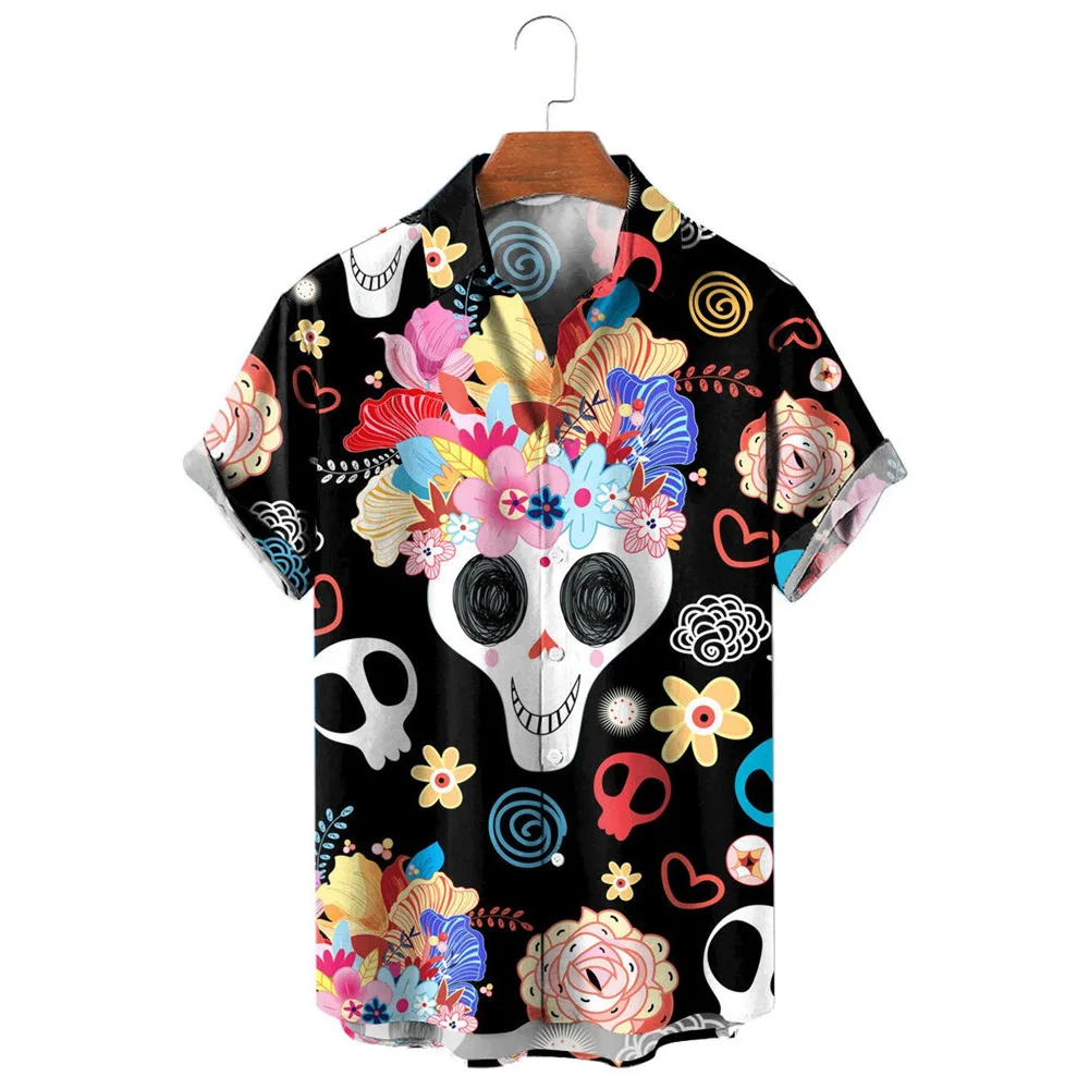 HXFashion Men's Shirts Blue White Skull Floral 3D Printed Casual Shirt Short Sleeve Beach Shirts for Men Clothing S-5XL