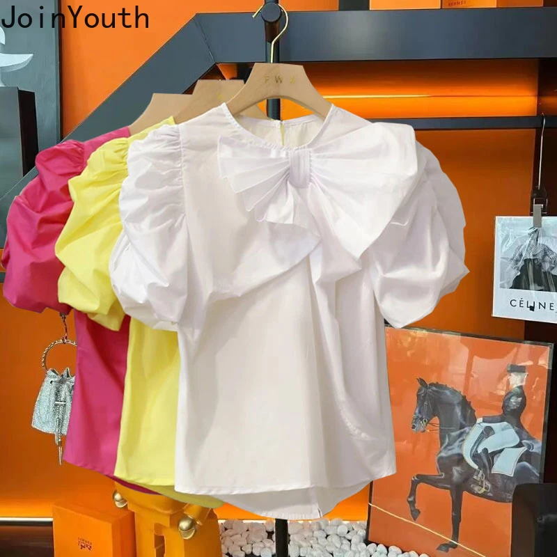 Temperament Lady Tops Korean Women Blouse Puff Sleeve Folds Sweet Bow Shirts 2024 Blusas De Mujer Vintage Summer White Blouses