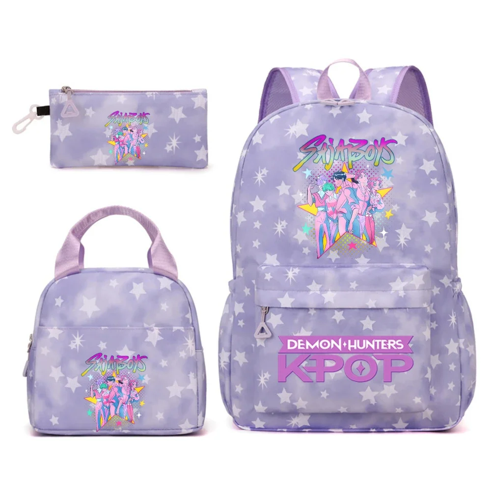 KPop Demon Hunters figura de Anime mochila impermeable de gran capacidad 3 uds mochila bolsa de almuerzo bolsa de lápices regalo para niños