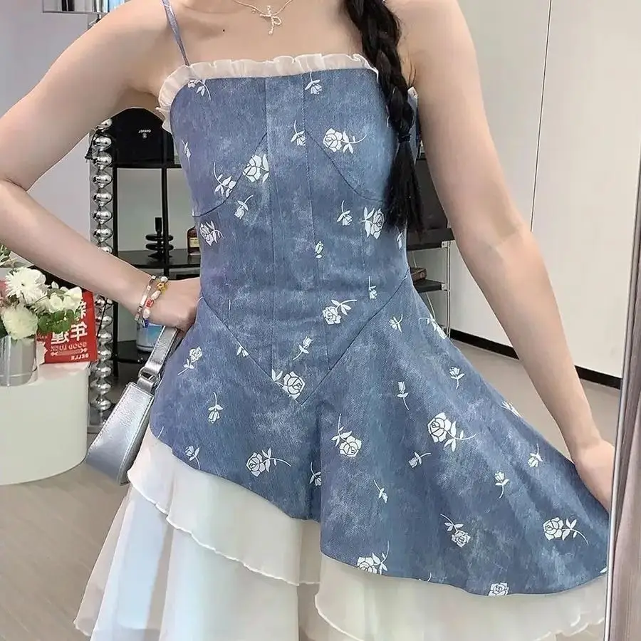 

Camisole Dress Denim Lace Patchwork Blue Strapless Short 2024 Summer New Fashion Waistband Slimming Lace Short Dresses