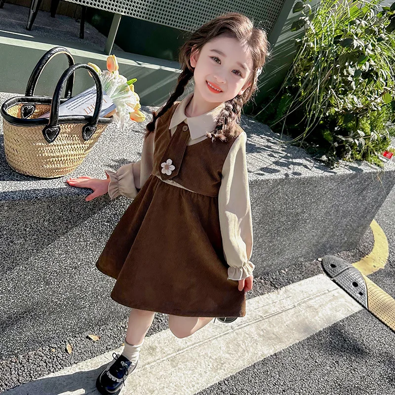 

Little Girl Fake Two-Piece Princess Dress2025Son.Trendy Floral Color Block Dress for Children Spring and Autumn Hot Sale