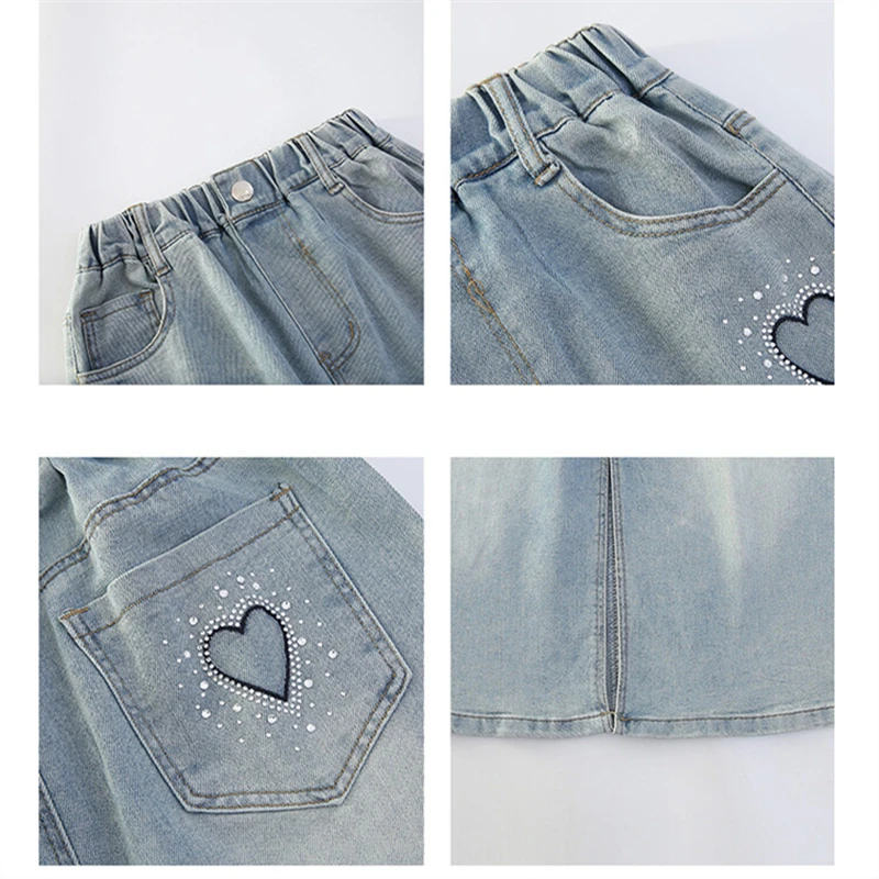 Elegante gonna di jeans lunga con motivo a cuore per bambina con spacco Nuova gonna di jeans casual per bambini con tweens estivi con strass Età 5-14 anni
