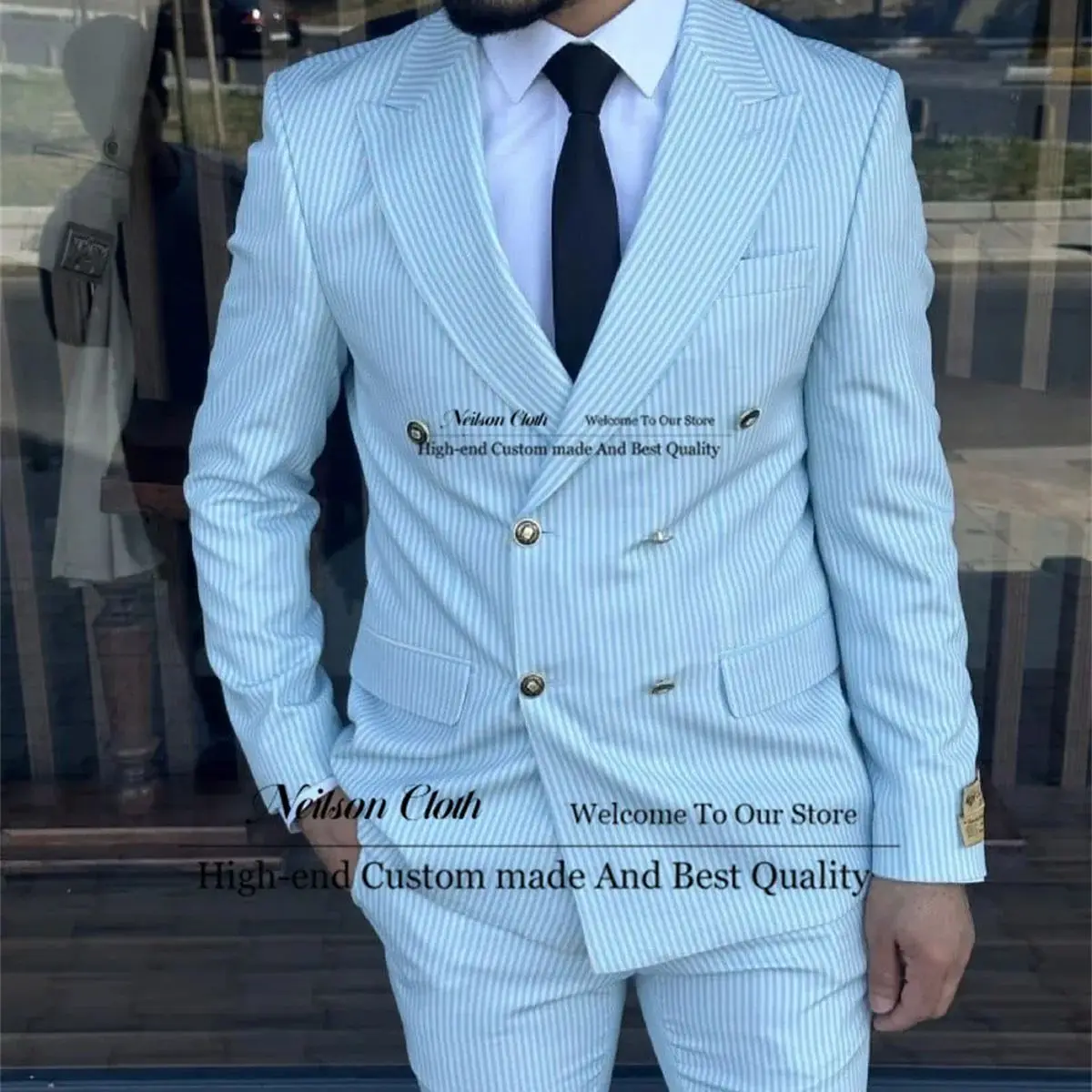 

White Peaked Lapel Male Prom Blazers 2 Pcs Sets Narrow Stripe Groom Wedding Tuxedos Slim Fit Double Breasted Costume Homme