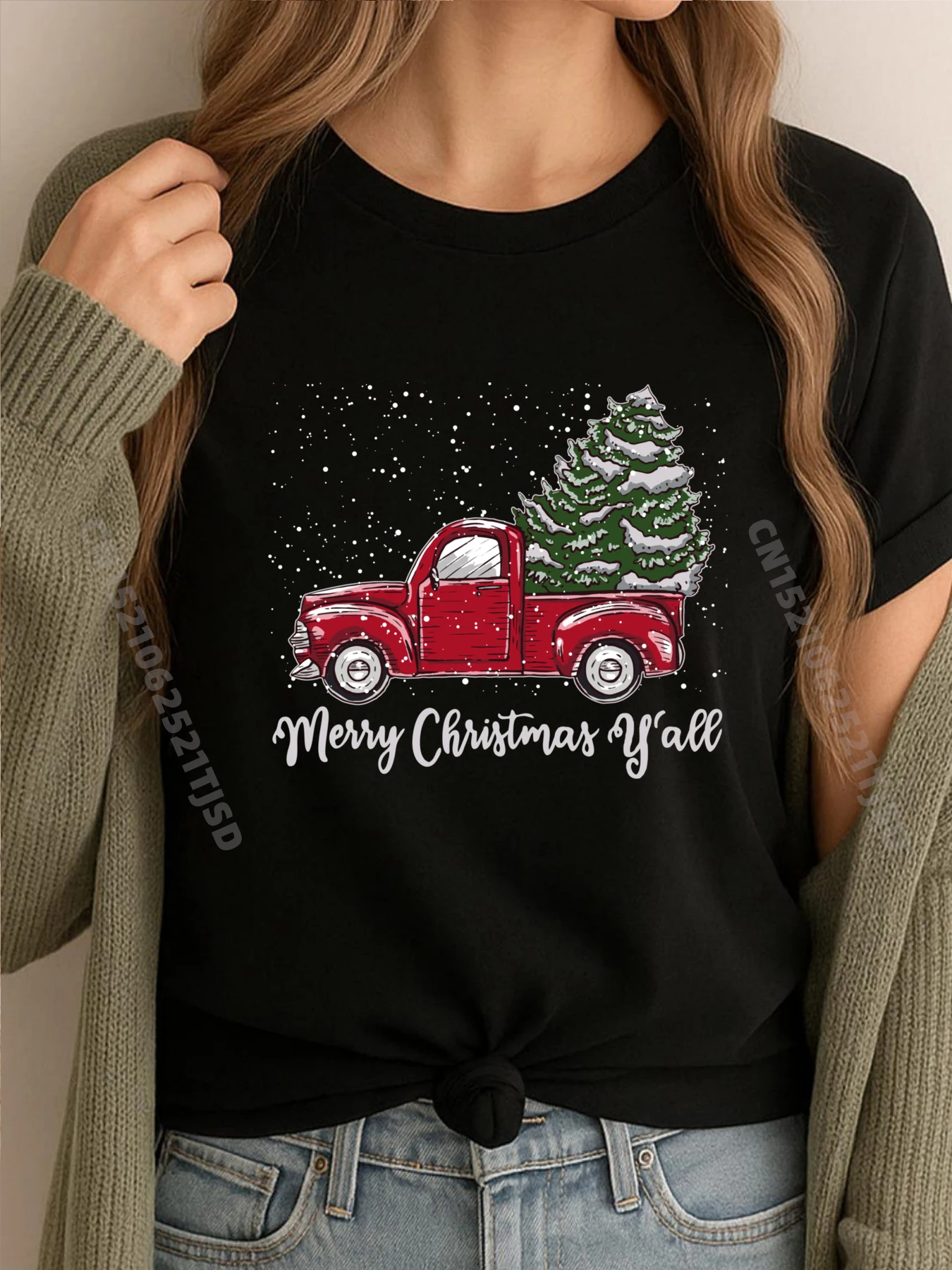 

Красный грузовик Рождество с Рождеством Yall Мужская дизайнерская футболка Женская женская футболка с коротким рукавом Иллюстрация
