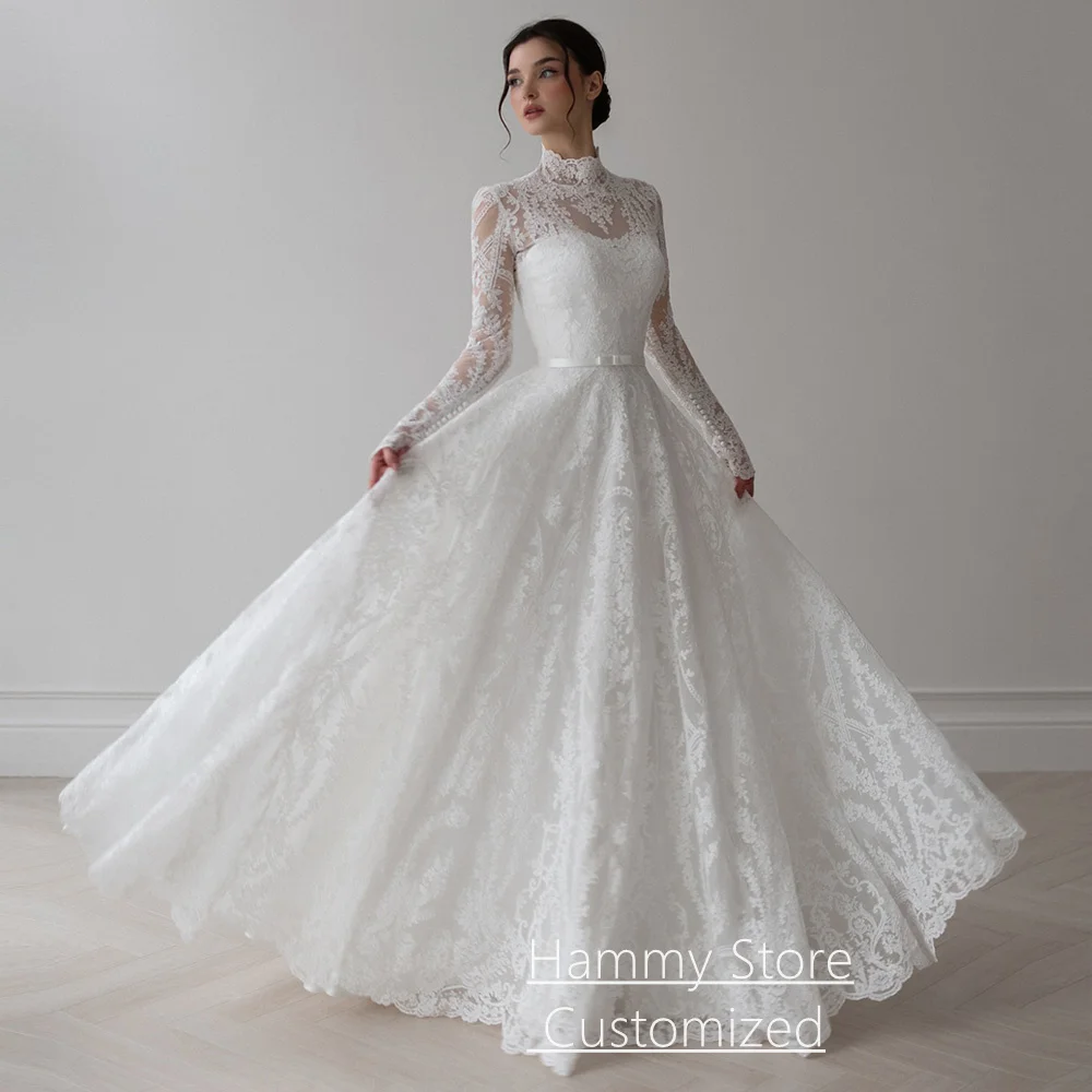 

New Arrival Wedding Dress Customized Elegant High Neck Long Sleeves Lace A Line Arabian Bridal Gown Vestido De Noiva