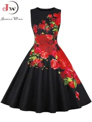 Summer Dress Women Vintage Elegant Party Dress Retro Swing Floral Print Sleeveless Casual Midi Sundress Robe