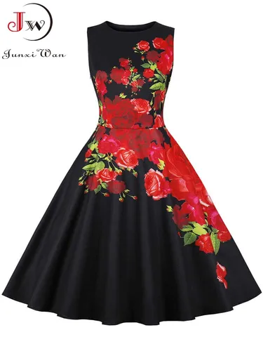 Imagen 1 del producto Vestido de verano Vintage elegante para mujer, vestido de fiesta Retro con estampado Floral Swing, sin mangas, informal, Midi
