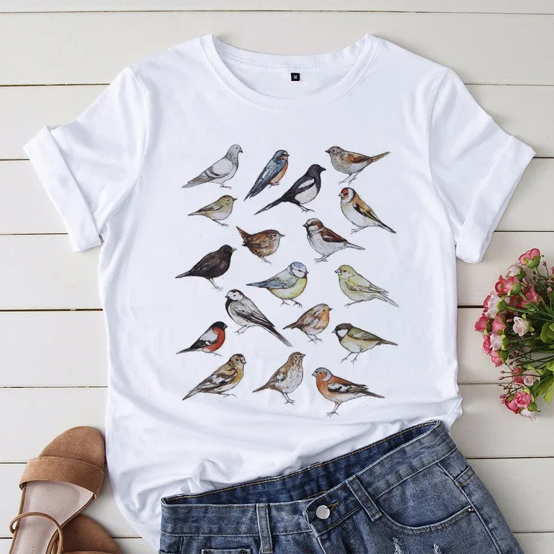 Women Summer Clothes Cartoon Cute Birds Graphic Printed Ladies Casual Summer Fashion Short Sleeve Tshirt Female Tops