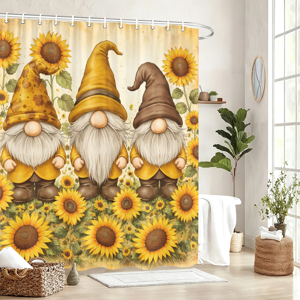 

Sunflower Themed Polyester Shower Curtain - Adorable Highland Cow & Gnome & Skull Patterned Bath Curtain for Bathroom Decor