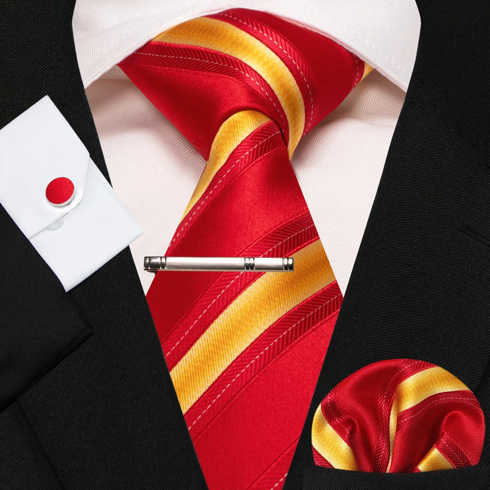 KAMBERFT Neue Klassische Seidenkrawatte für Herren Rot-Gold Gestreift Herrenkrawatte Taschentuch Manschettenknöpfe Set Hochzeit Business Party Gravatas – Detail 27