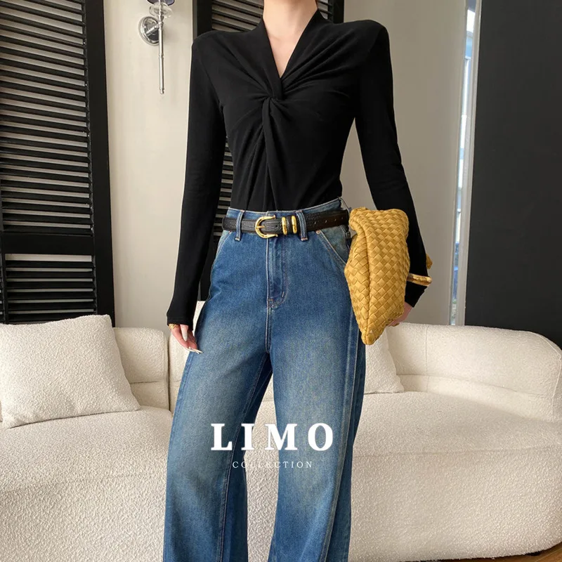 

LIMO 2025 модные женские топы с длинным рукавом и узлом, базовая хлопковая футболка, повседневная минималистичная осенне-зимняя многослойная шикарная футболка