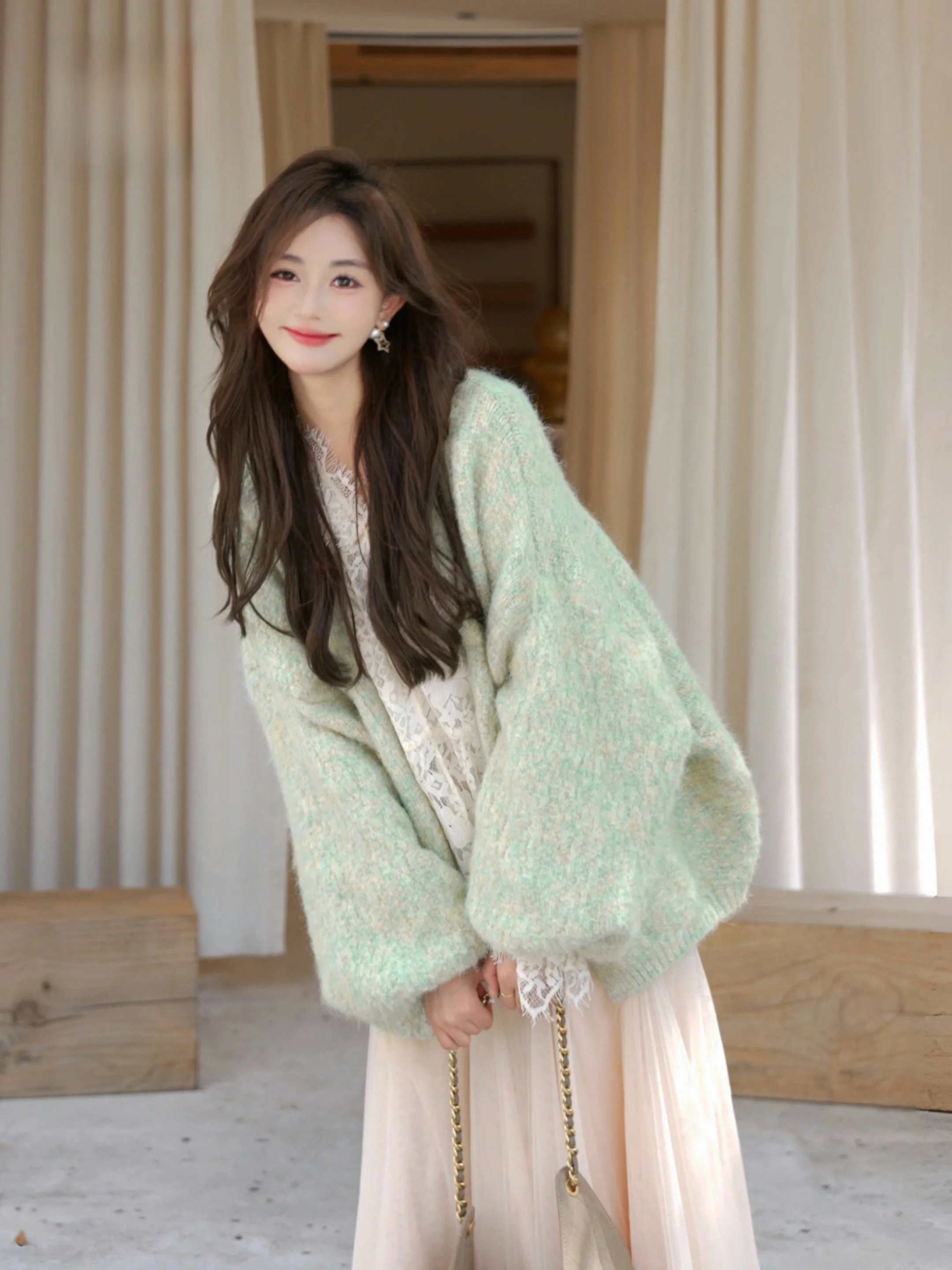 

Annelily Luxury Faion Slimming Design Sweater Jaet Autumn New Sle Women's Premium Quali Long Sve round Ne Coat