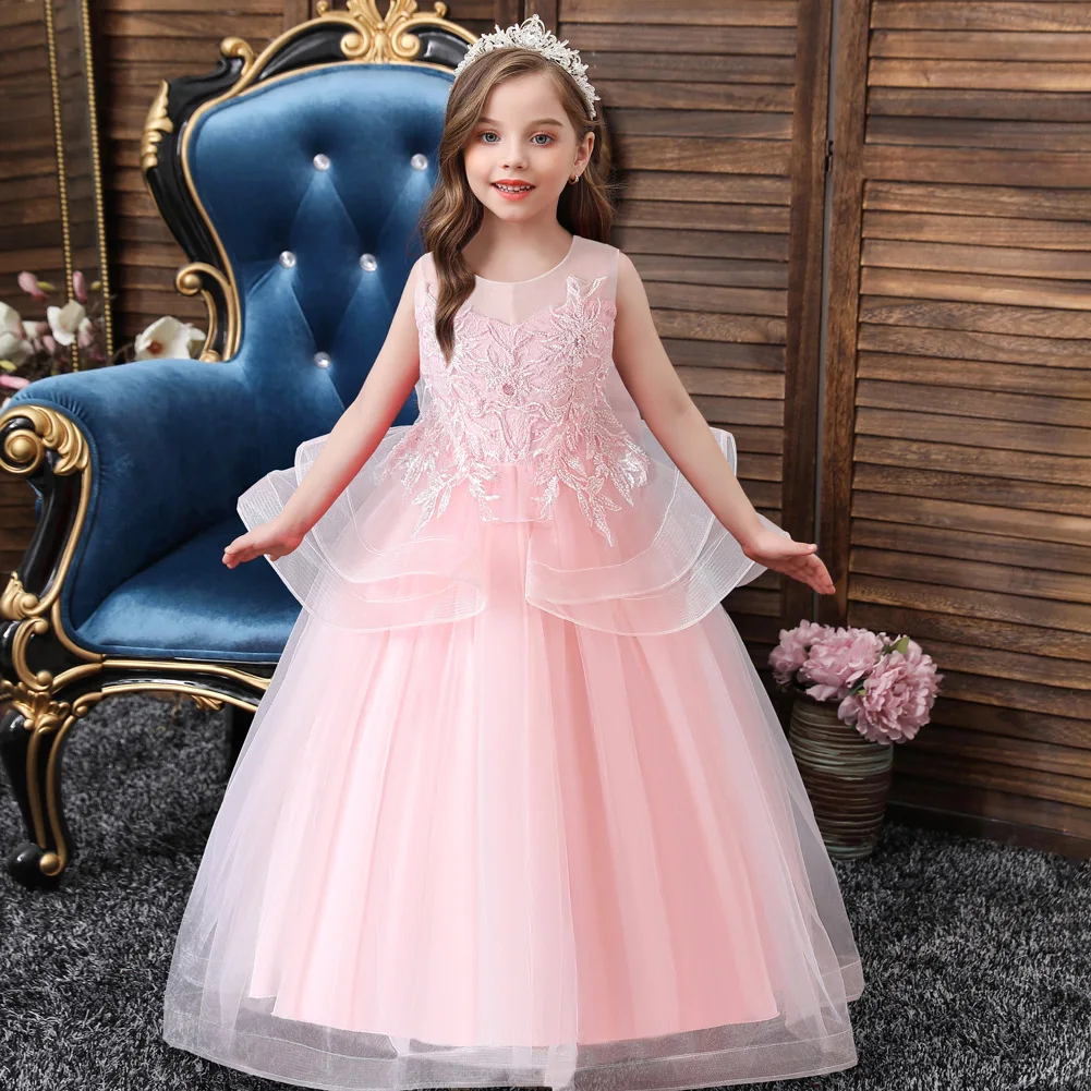 

Solid Color Carnival Costume Children Elegant Embroidery Flower Long Dresses Bridesmaid Wedding Girl Party Performance Clothes