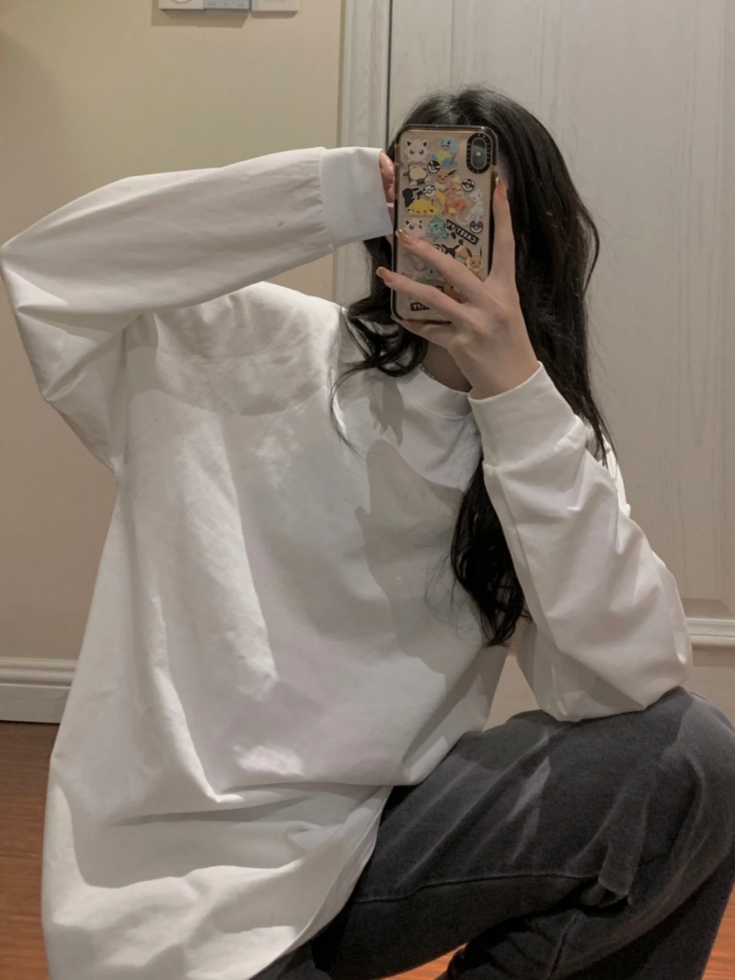 Autumn Casual Loose Women's Long Sleeve T-Shirt Pure Color White Versatile Comfortable Breathable Polyester Mid-Length Top