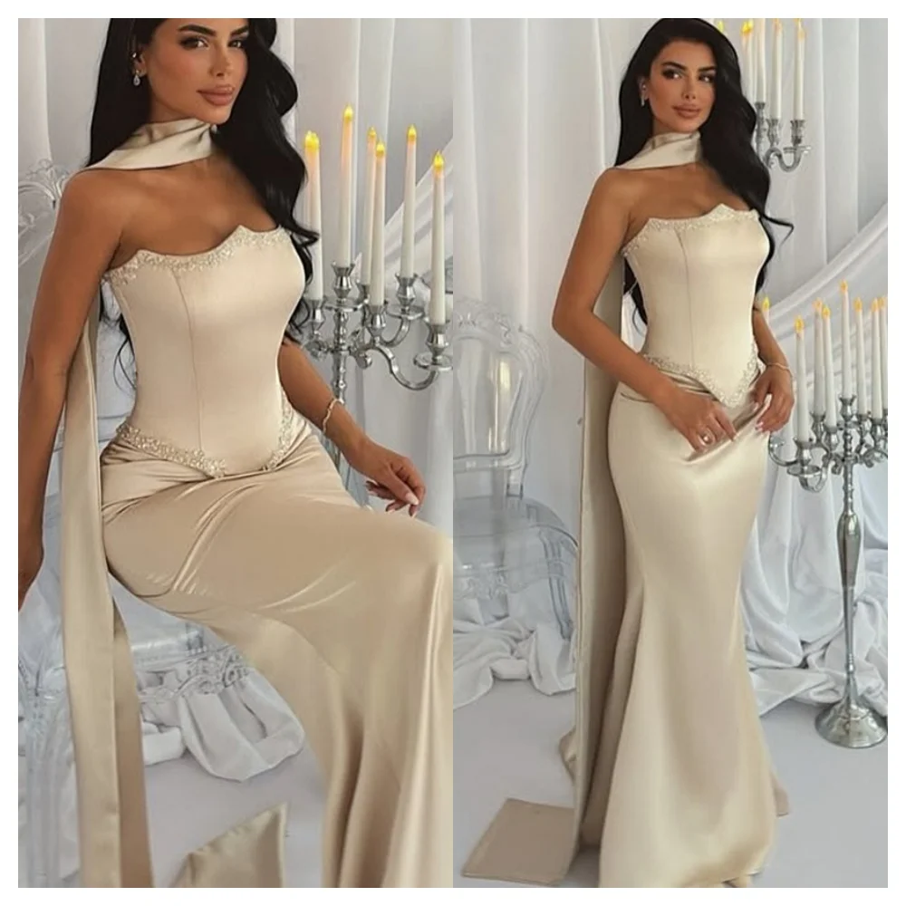 

Customized Mermaid Exquisite Satin Party Dress Fashion Strapless Sleeveless Party Dress High Quality Floor Length Prom Dress