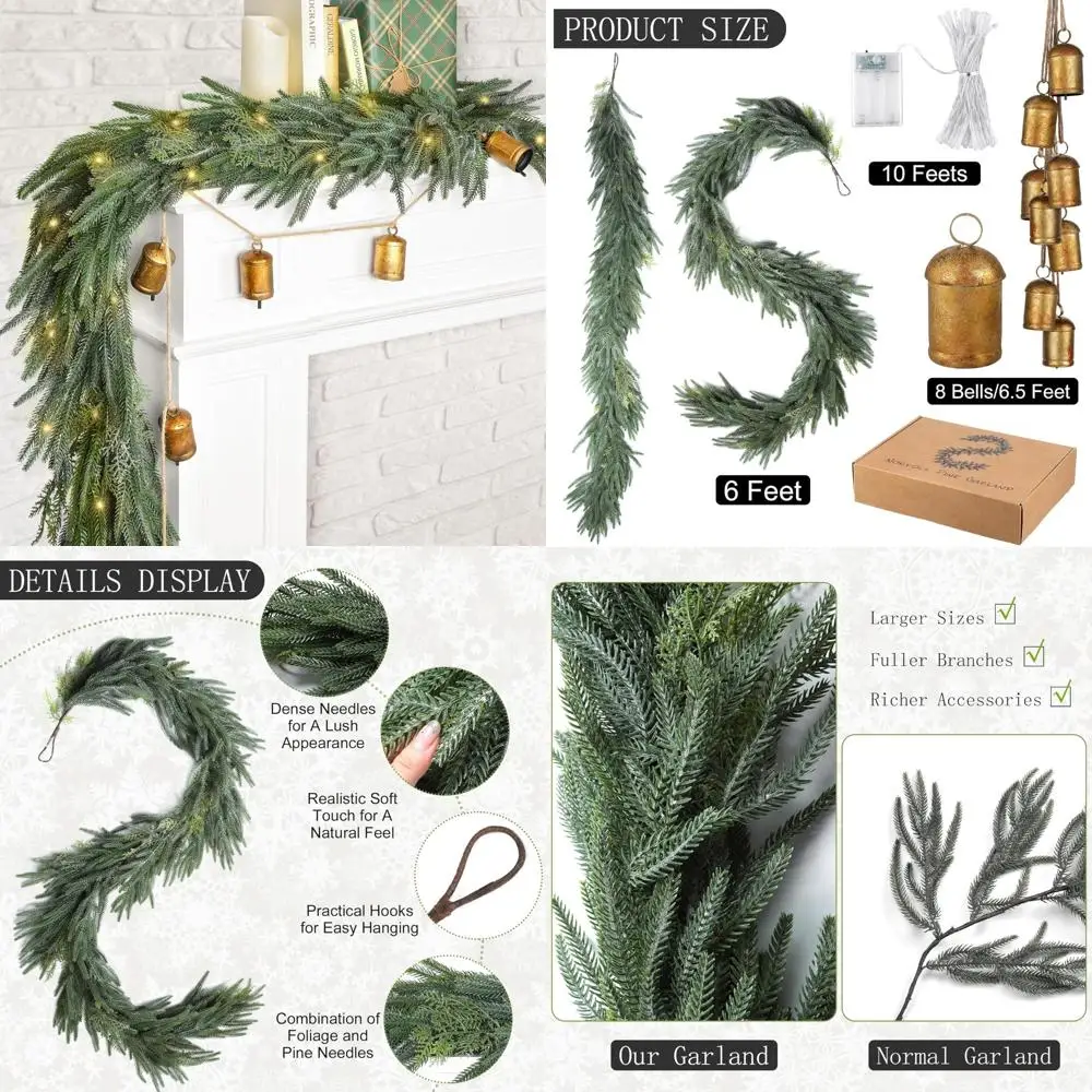 

Искусственные рождественские гирлянды длиной 6 футов со светодиодной подсветкой и колокольчиками, настоящая сенсорная зелень из кедра норвины для праздничного декора