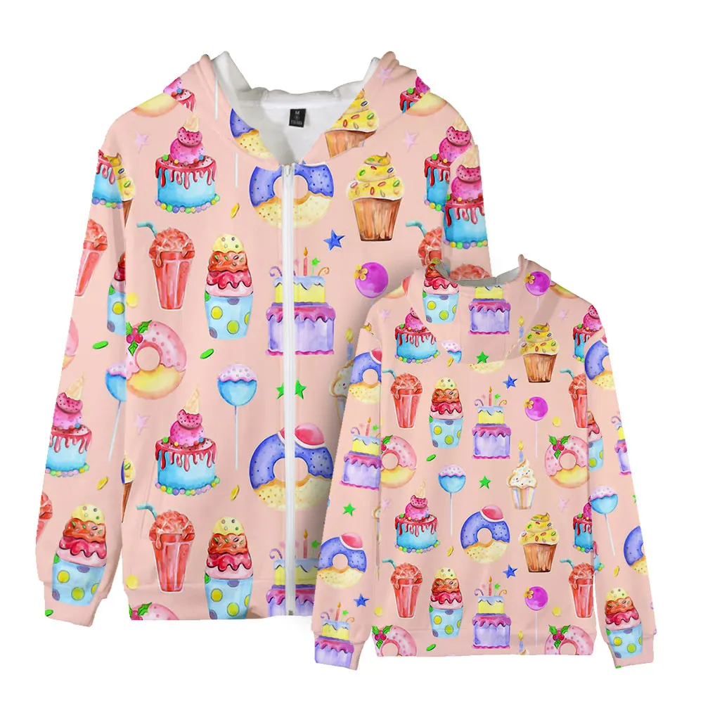 The Cute Cake Patterned Zippered Hooded Sweater with A Zipper Design Allows You To Quickly Solve Your Dressing Problems