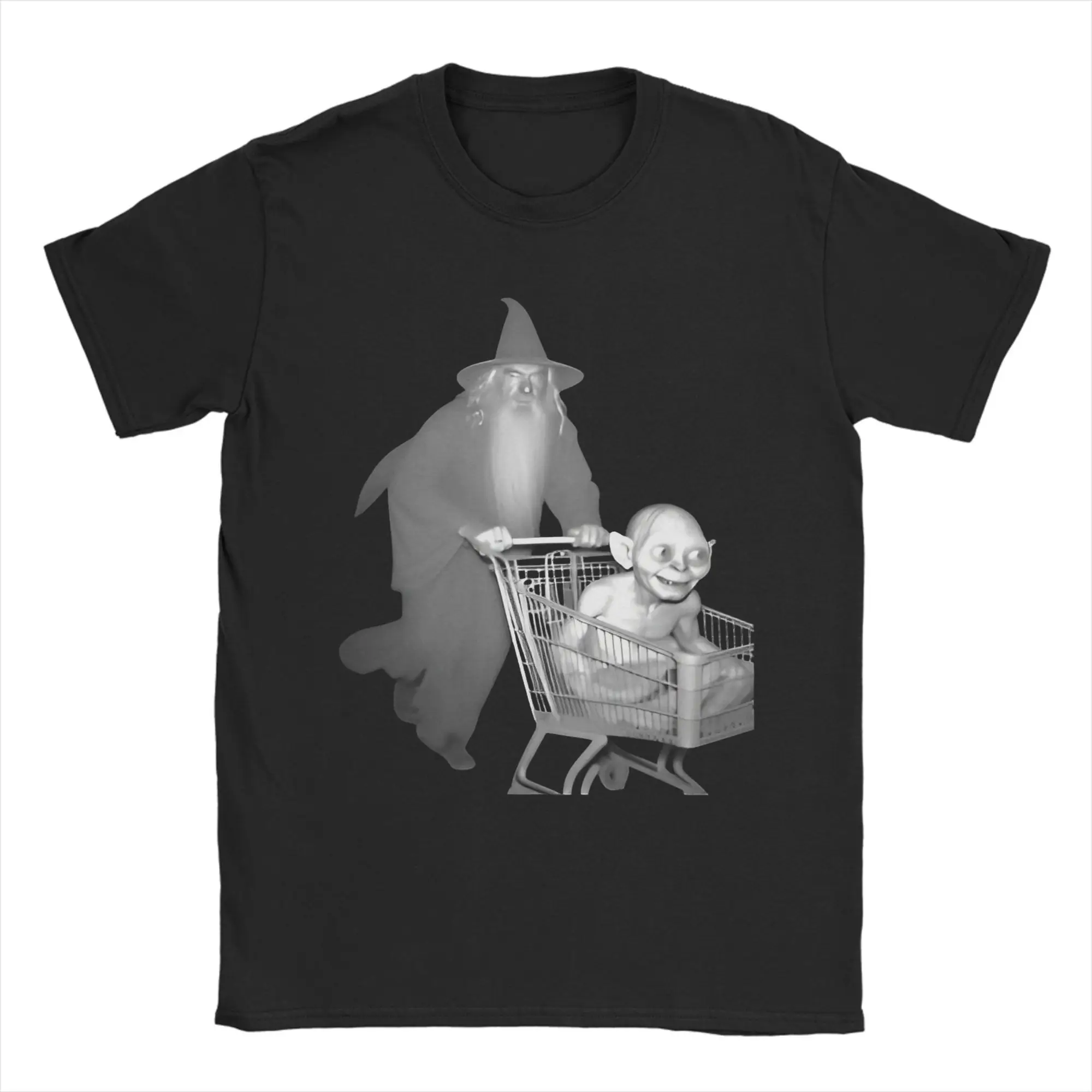 Camiseta con estampado gráfico Gandalf empuja Gollum en un carrito de compras para Unisex, camisetas de algodón con anillos, camisetas de manga corta