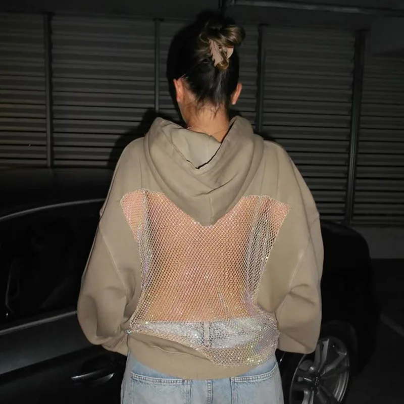 سترة نسائية مثيرة بشبكة مكشوفة الظهر بتصميم مفرغ بلوفرات قوطية بقلنسوة Harajuku بأكمام طويلة سترة Y2k بغطاء للرأس من الجرونج