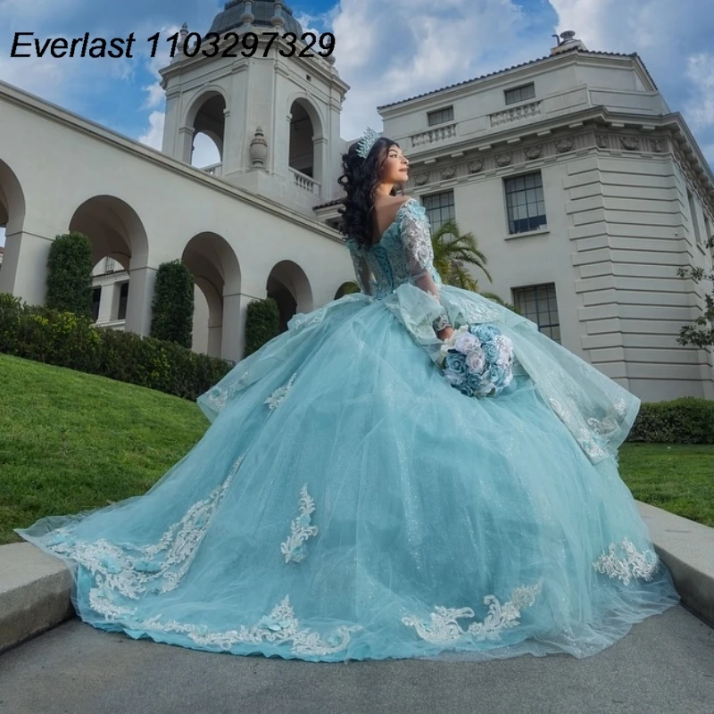 EVLAST индивидуальное мятное платье Quinceanera, бальное платье с 3D цветочной аппликацией, многоуровневый корсет из бисера, Sweet 16, Vestidos De 15 Años TQD875