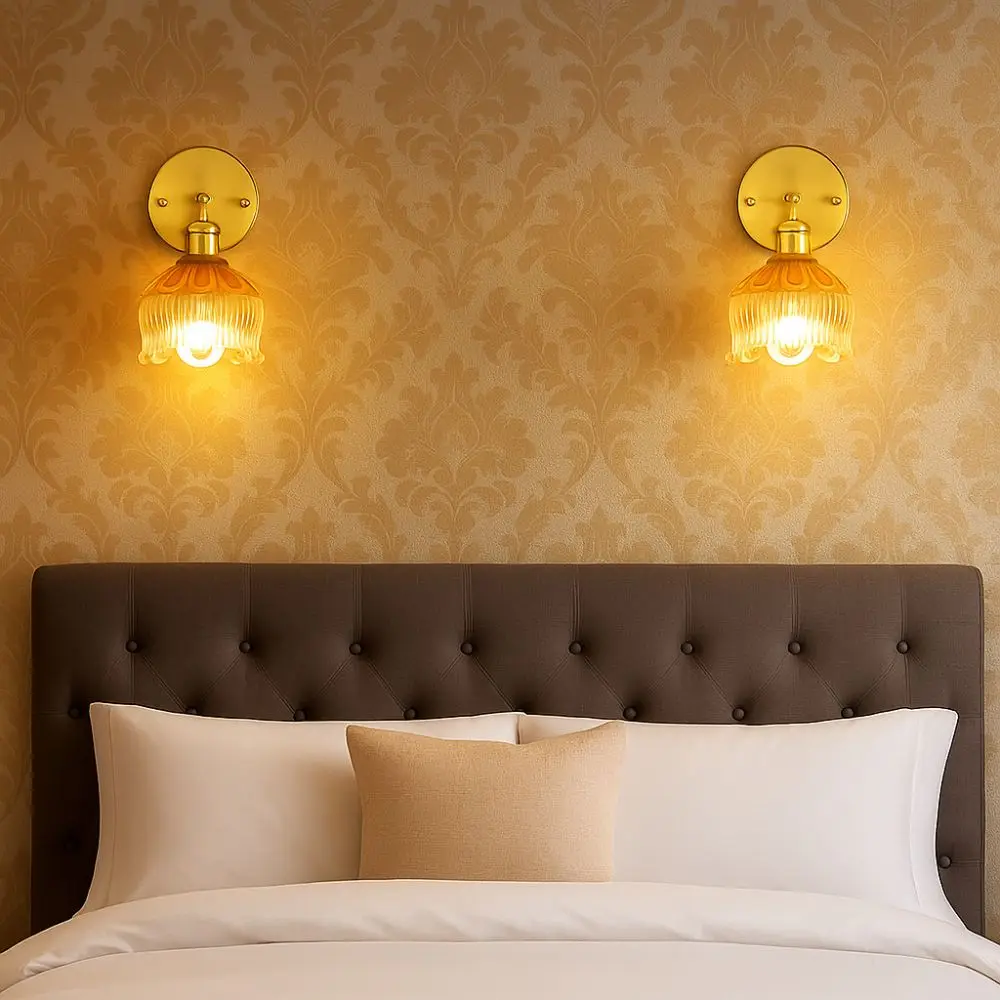 

Up Down Rotate Clear Flower Glass LED Wall Lamp Energy Saving Dimmable Vintage Flower Wall Sconce Amber Glass Reading Nook